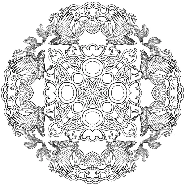 Illustration vectorielle de corbeaux noeuds celtiques viking fantasy croix mandala noir et blanc — Image vectorielle