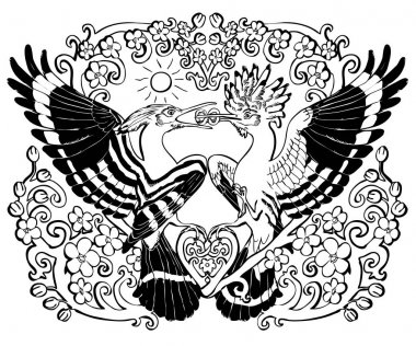 Vektör çizim ibibikler aşk evlilik çiçek süsleme siyah beyaz 