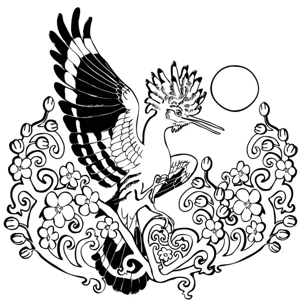 Векторная иллюстрация Удод в цвету цветочная ветвь украшения черно-белый — стоковый вектор