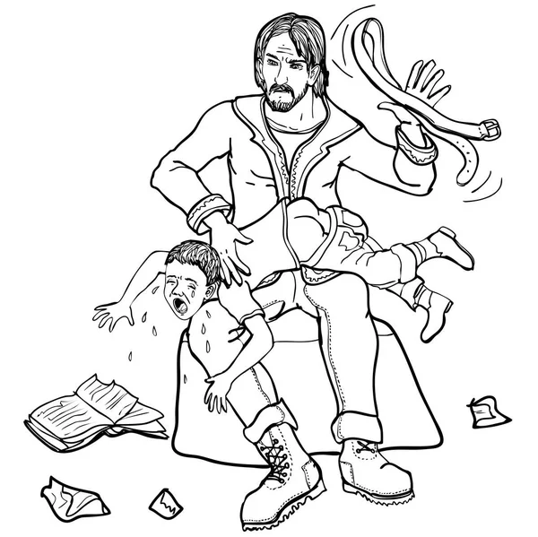 Vector illustration upset father spanking child with strap black and white ...