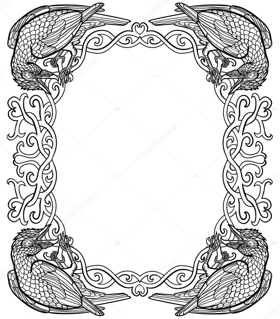 Vector illustration of ravens gothic Celtic knot frame black and white 