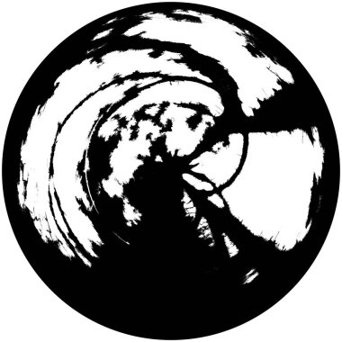 Siyah-Beyaz Grunge Üst üste bindirme elementi. Daire şekli, logo, rozet, etiket, simge. Soyut Tehlike Doku Arkaplanı. Kirli Vintage Monochrome Vektör İllüstrasyon Arkaplanı. Fırça Vuruşları Şablonu