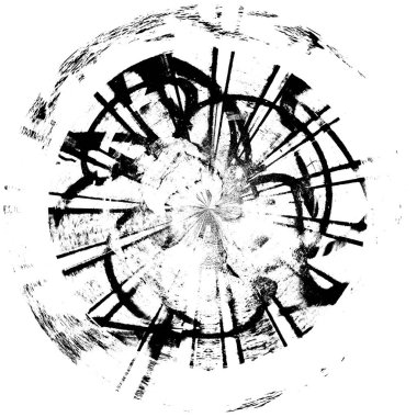 Siyah-Beyaz Grunge Üst üste bindirme elementi. Daire şekli, logo, rozet, etiket, simge. Soyut Tehlike Doku Arkaplanı. Kirli Vintage Monochrome Vektör İllüstrasyon Arkaplanı. Fırça Vuruşları Şablonu
