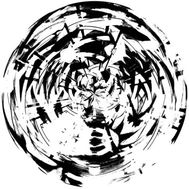 Siyah-Beyaz Grunge Üst üste bindirme elementi. Daire şekli, logo, rozet, etiket, simge. Soyut Tehlike Doku Arkaplanı. Kirli Vintage Monochrome Vektör İllüstrasyon Arkaplanı. Fırça Vuruşları Şablonu