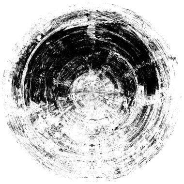 Siyah-Beyaz Grunge Üst üste bindirme elementi. Daire şekli, logo, rozet, etiket, simge. Soyut Tehlike Doku Arkaplanı. Kirli Vintage Monochrome Vektör İllüstrasyon Arkaplanı. Fırça Vuruşları Şablonu