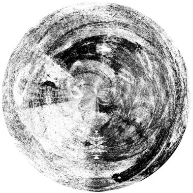 Siyah-Beyaz Grunge Üst üste bindirme elementi. Daire şekli, logo, rozet, etiket, simge. Soyut Tehlike Doku Arkaplanı. Kirli Vintage Monochrome Vektör İllüstrasyon Arkaplanı. Fırça Vuruşları Şablonu