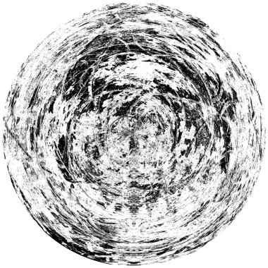 Siyah-Beyaz Grunge Üst üste bindirme elementi. Daire şekli, logo, rozet, etiket, simge. Soyut Tehlike Doku Arkaplanı. Kirli Vintage Monochrome Vektör İllüstrasyon Arkaplanı. Fırça Vuruşları Şablonu