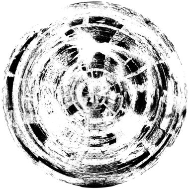Siyah-Beyaz Grunge Üst üste bindirme elementi. Daire şekli, logo, rozet, etiket, simge. Soyut Tehlike Doku Arkaplanı. Kirli Vintage Monochrome Vektör İllüstrasyon Arkaplanı. Fırça Vuruşları Şablonu