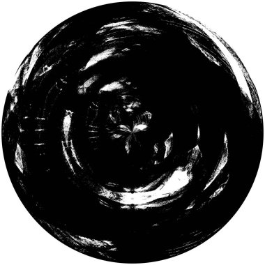 Siyah-Beyaz Grunge Üst üste bindirme elementi. Daire şekli, logo, rozet, etiket, simge. Soyut Tehlike Doku Arkaplanı. Kirli Vintage Monochrome Vektör İllüstrasyon Arkaplanı. Fırça Vuruşları Şablonu