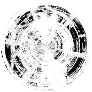 Siyah-Beyaz Grunge Üst üste bindirme elementi. Daire şekli, logo, rozet, etiket, simge. Soyut Tehlike Doku Arkaplanı. Kirli Vintage Monochrome Vektör İllüstrasyon Arkaplanı. Fırça Vuruşları Şablonu