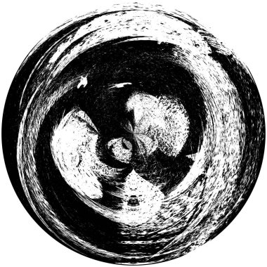 Siyah-Beyaz Grunge Üst üste bindirme elementi. Daire şekli, logo, rozet, etiket, simge. Soyut Tehlike Doku Arkaplanı. Kirli Vintage Monochrome Vektör İllüstrasyon Arkaplanı. Fırça Vuruşları Şablonu