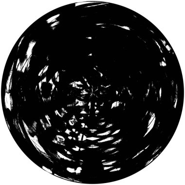 Siyah-Beyaz Grunge Üst üste bindirme elementi. Daire şekli, logo, rozet, etiket, simge. Soyut Tehlike Doku Arkaplanı. Kirli Vintage Monochrome Vektör İllüstrasyon Arkaplanı. Fırça Vuruşları Şablonu