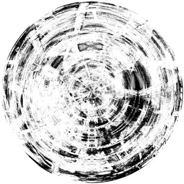 Siyah-Beyaz Grunge Üst üste bindirme elementi. Daire şekli, logo, rozet, etiket, simge. Soyut Tehlike Doku Arkaplanı. Kirli Vintage Monochrome Vektör İllüstrasyon Arkaplanı. Fırça Vuruşları Şablonu