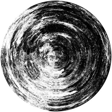 Siyah-Beyaz Grunge Üst üste bindirme elementi. Daire şekli, logo, rozet, etiket, simge. Soyut Tehlike Doku Arkaplanı. Kirli Vintage Monochrome Vektör İllüstrasyon Arkaplanı. Fırça Vuruşları Şablonu