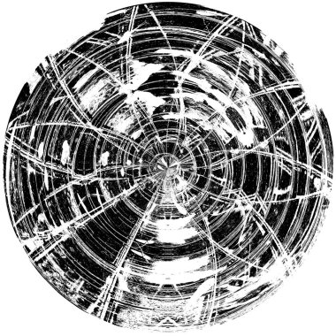 Siyah-Beyaz Grunge Üst üste bindirme elementi. Daire şekli, logo, rozet, etiket, simge. Soyut Tehlike Doku Arkaplanı. Kirli Vintage Monochrome Vektör İllüstrasyon Arkaplanı. Fırça Vuruşları Şablonu