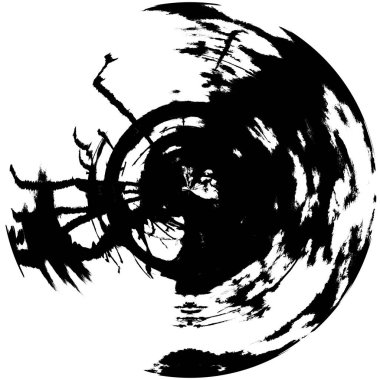 Siyah-Beyaz Grunge Üst üste bindirme elementi. Daire şekli, logo, rozet, etiket, simge. Soyut Tehlike Doku Arkaplanı. Kirli Vintage Monochrome Vektör İllüstrasyon Arkaplanı. Fırça Vuruşları Şablonu