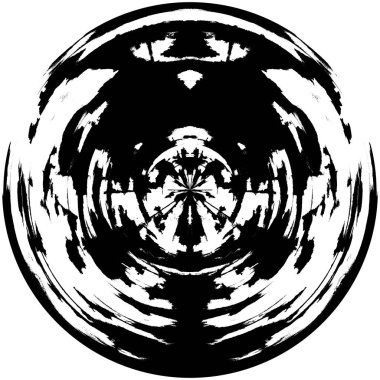 Siyah-Beyaz Grunge Üst üste bindirme elementi. Daire şekli, logo, rozet, etiket, simge. Soyut Tehlike Doku Arkaplanı. Kirli Vintage Monochrome Vektör İllüstrasyon Arkaplanı. Fırça Vuruşları Şablonu