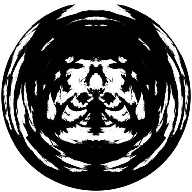 Siyah-Beyaz Grunge Üst üste bindirme elementi. Daire şekli, logo, rozet, etiket, simge. Soyut Tehlike Doku Arkaplanı. Kirli Vintage Monochrome Vektör İllüstrasyon Arkaplanı. Fırça Vuruşları Şablonu