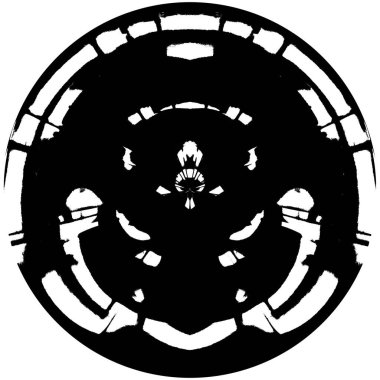 Siyah-Beyaz Grunge Üst üste bindirme elementi. Daire şekli, logo, rozet, etiket, simge. Soyut Tehlike Doku Arkaplanı. Kirli Vintage Monochrome Vektör İllüstrasyon Arkaplanı. Fırça Vuruşları Şablonu