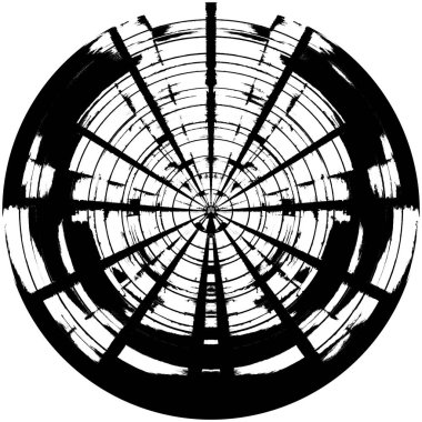 Siyah-Beyaz Grunge Üst üste bindirme elementi. Daire şekli, logo, rozet, etiket, simge. Soyut Tehlike Doku Arkaplanı. Kirli Vintage Monochrome Vektör İllüstrasyon Arkaplanı. Fırça Vuruşları Şablonu