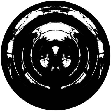 Siyah-Beyaz Grunge Üst üste bindirme elementi. Daire şekli, logo, rozet, etiket, simge. Soyut Tehlike Doku Arkaplanı. Kirli Vintage Monochrome Vektör İllüstrasyon Arkaplanı. Fırça Vuruşları Şablonu