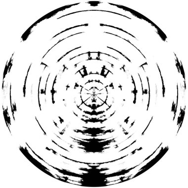 Siyah-Beyaz Grunge Üst üste bindirme elementi. Daire şekli, logo, rozet, etiket, simge. Soyut Tehlike Doku Arkaplanı. Kirli Vintage Monochrome Vektör İllüstrasyon Arkaplanı. Fırça Vuruşları Şablonu