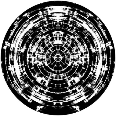 Siyah-Beyaz Grunge Üst üste bindirme elementi. Daire şekli, logo, rozet, etiket, simge. Soyut Tehlike Doku Arkaplanı. Kirli Vintage Monochrome Vektör İllüstrasyon Arkaplanı. Fırça Vuruşları Şablonu