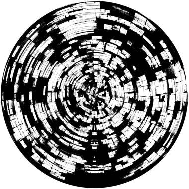 Siyah-Beyaz Grunge Üst üste bindirme elementi. Daire şekli, logo, rozet, etiket, simge. Soyut Tehlike Doku Arkaplanı. Kirli Vintage Monochrome Vektör İllüstrasyon Arkaplanı. Fırça Vuruşları Şablonu