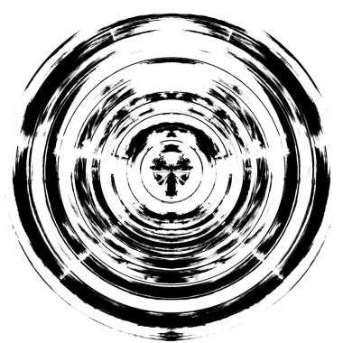 Siyah-Beyaz Grunge Üst üste bindirme elementi. Daire şekli, logo, rozet, etiket, simge. Soyut Tehlike Doku Arkaplanı. Kirli Vintage Monochrome Vektör İllüstrasyon Arkaplanı. Fırça Vuruşları Şablonu
