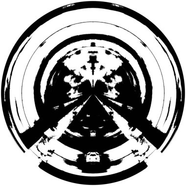 Siyah-Beyaz Grunge Üst üste bindirme elementi. Daire şekli, logo, rozet, etiket, simge. Soyut Tehlike Doku Arkaplanı. Kirli Vintage Monochrome Vektör İllüstrasyon Arkaplanı. Fırça Vuruşları Şablonu