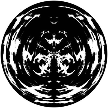 Siyah-Beyaz Grunge Üst üste bindirme elementi. Daire şekli, logo, rozet, etiket, simge. Soyut Tehlike Doku Arkaplanı. Kirli Vintage Monochrome Vektör İllüstrasyon Arkaplanı. Fırça Vuruşları Şablonu