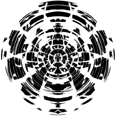 Siyah-Beyaz Grunge Üst üste bindirme elementi. Daire şekli, logo, rozet, etiket, simge. Soyut Tehlike Doku Arkaplanı. Kirli Vintage Monochrome Vektör İllüstrasyon Arkaplanı. Fırça Vuruşları Şablonu