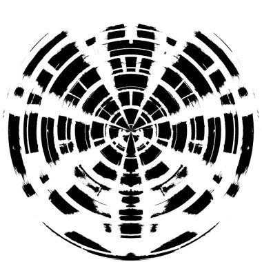 Siyah-Beyaz Grunge Üst üste bindirme elementi. Daire şekli, logo, rozet, etiket, simge. Soyut Tehlike Doku Arkaplanı. Kirli Vintage Monochrome Vektör İllüstrasyon Arkaplanı. Fırça Vuruşları Şablonu