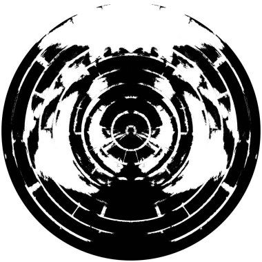 Siyah-Beyaz Grunge Üst üste bindirme elementi. Daire şekli, logo, rozet, etiket, simge. Soyut Tehlike Doku Arkaplanı. Kirli Vintage Monochrome Vektör İllüstrasyon Arkaplanı. Fırça Vuruşları Şablonu