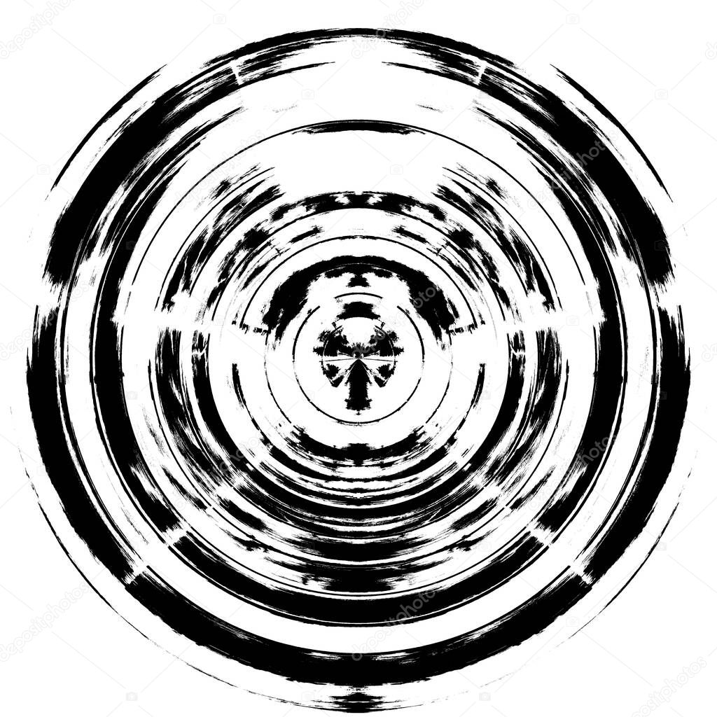 Black-White Round Grunge Overlay Element. Circle Pattern, Logo, Badge, Label, Icon. Abstract Distress Texture Backdrop. Dirty Vintage Monochrome Vector Illustration Background. Brush Strokes Template