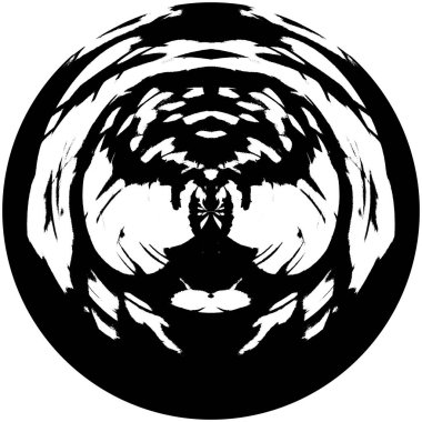 Siyah-Beyaz Grunge Üst üste bindirme elementi. Daire şekli, logo, rozet, etiket, simge. Soyut Tehlike Doku Arkaplanı. Kirli Vintage Monochrome Vektör İllüstrasyon Arkaplanı. Fırça Vuruşları Şablonu