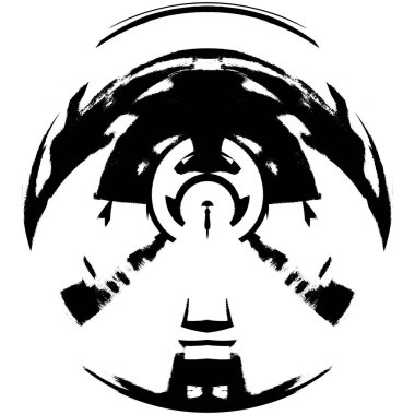 Siyah-Beyaz Grunge Üst üste bindirme elementi. Daire şekli, logo, rozet, etiket, simge. Soyut Tehlike Doku Arkaplanı. Kirli Vintage Monochrome Vektör İllüstrasyon Arkaplanı. Fırça Vuruşları Şablonu