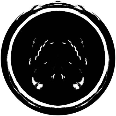 Siyah-Beyaz Grunge Üst üste bindirme elementi. Daire şekli, logo, rozet, etiket, simge. Soyut Tehlike Doku Arkaplanı. Kirli Vintage Monochrome Vektör İllüstrasyon Arkaplanı. Fırça Vuruşları Şablonu