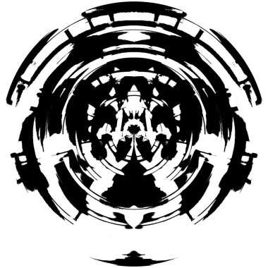 Siyah-Beyaz Grunge Üst üste bindirme elementi. Daire şekli, logo, rozet, etiket, simge. Soyut Tehlike Doku Arkaplanı. Kirli Vintage Monochrome Vektör İllüstrasyon Arkaplanı. Fırça Vuruşları Şablonu