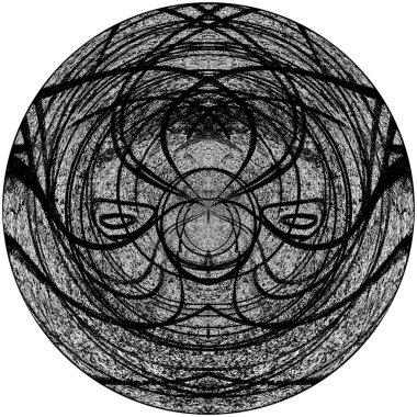 Siyah-Beyaz Grunge Üst üste bindirme elementi. Daire şekli, logo, rozet, etiket, simge. Soyut Tehlike Doku Arkaplanı. Kirli Vintage Monochrome Vektör İllüstrasyon Arkaplanı. Fırça Vuruşları Şablonu