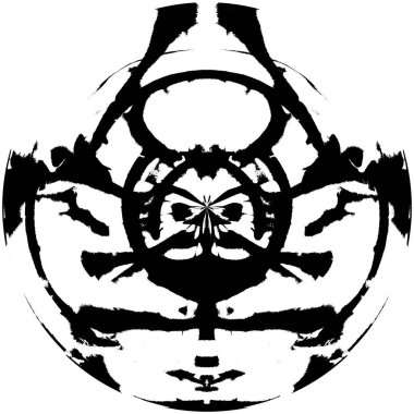 Siyah-Beyaz Grunge Üst üste bindirme elementi. Daire şekli, logo, rozet, etiket, simge. Soyut Tehlike Doku Arkaplanı. Kirli Vintage Monochrome Vektör İllüstrasyon Arkaplanı. Fırça Vuruşları Şablonu