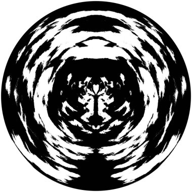 Siyah-Beyaz Grunge Üst üste bindirme elementi. Daire şekli, logo, rozet, etiket, simge. Soyut Tehlike Doku Arkaplanı. Kirli Vintage Monochrome Vektör İllüstrasyon Arkaplanı. Fırça Vuruşları Şablonu