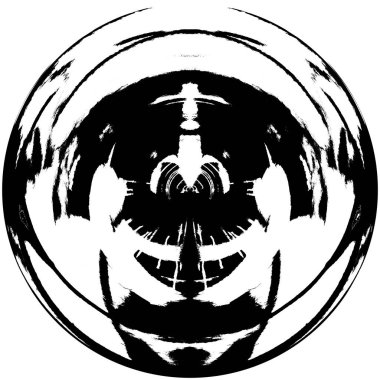 Siyah-Beyaz Grunge Üst üste bindirme elementi. Daire şekli, logo, rozet, etiket, simge. Soyut Tehlike Doku Arkaplanı. Kirli Vintage Monochrome Vektör İllüstrasyon Arkaplanı. Fırça Vuruşları Şablonu