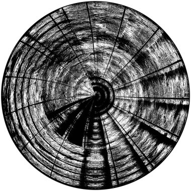 Siyah-Beyaz Grunge Üst üste bindirme elementi. Daire şekli, logo, rozet, etiket, simge. Soyut Tehlike Doku Arkaplanı. Kirli Vintage Monochrome Vektör İllüstrasyon Arkaplanı. Fırça Vuruşları Şablonu