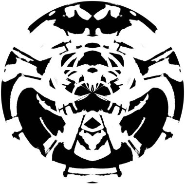 Siyah-Beyaz Grunge Üst üste bindirme elementi. Daire şekli, logo, rozet, etiket, simge. Soyut Tehlike Doku Arkaplanı. Kirli Vintage Monochrome Vektör İllüstrasyon Arkaplanı. Fırça Vuruşları Şablonu