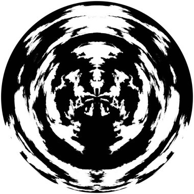 Siyah-Beyaz Grunge Üst üste bindirme elementi. Daire şekli, logo, rozet, etiket, simge. Soyut Tehlike Doku Arkaplanı. Kirli Vintage Monochrome Vektör İllüstrasyon Arkaplanı. Fırça Vuruşları Şablonu