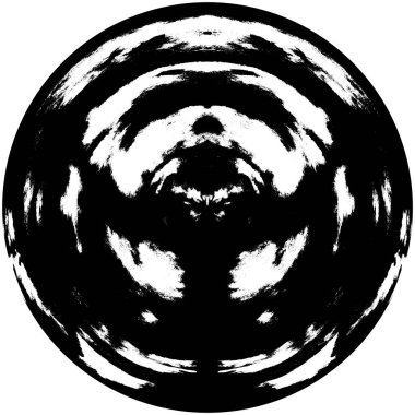 Siyah-Beyaz Grunge Üst üste bindirme elementi. Daire şekli, logo, rozet, etiket, simge. Soyut Tehlike Doku Arkaplanı. Kirli Vintage Monochrome Vektör İllüstrasyon Arkaplanı. Fırça Vuruşları Şablonu