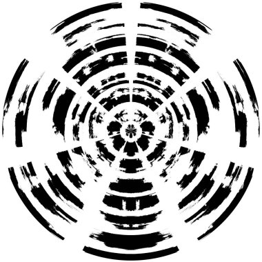 Siyah-Beyaz Grunge Üst üste bindirme elementi. Daire şekli, logo, rozet, etiket, simge. Soyut Tehlike Doku Arkaplanı. Kirli Vintage Monochrome Vektör İllüstrasyon Arkaplanı. Fırça Vuruşları Şablonu