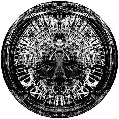 Siyah-Beyaz Grunge Üst üste bindirme elementi. Daire şekli, logo, rozet, etiket, simge. Soyut Tehlike Doku Arkaplanı. Kirli Vintage Monochrome Vektör İllüstrasyon Arkaplanı. Fırça Vuruşları Şablonu