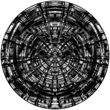 Siyah-Beyaz Grunge Üst üste bindirme elementi. Daire şekli, logo, rozet, etiket, simge. Soyut Tehlike Doku Arkaplanı. Kirli Vintage Monochrome Vektör İllüstrasyon Arkaplanı. Fırça Vuruşları Şablonu